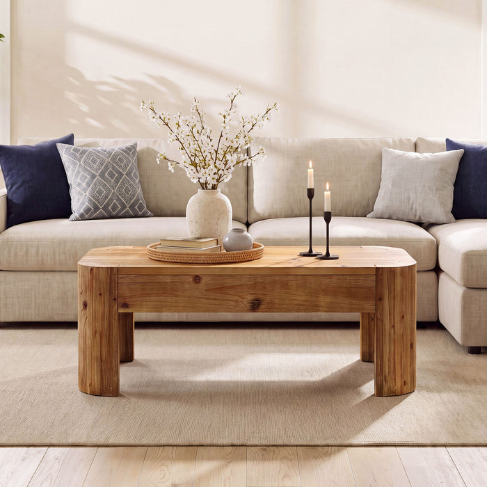 47.24" Solid Wood Coffee Table, Rectangular Center Table with Rounded Corners for Living Room