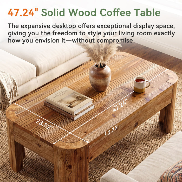 47.24" Solid Wood Coffee Table, Rectangular Center Table with Rounded Corners for Living Room
