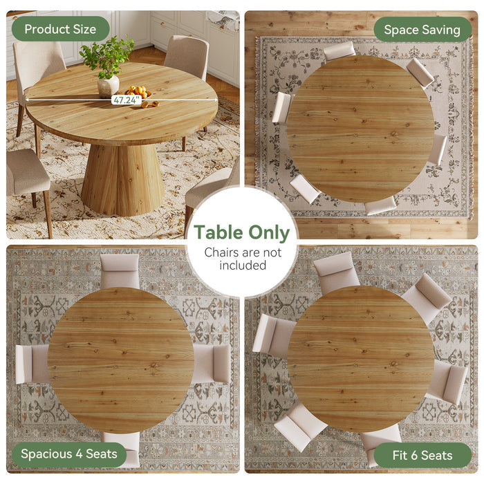 47.24" Solid Wood Dining Table, Round Kitchen Table with Pedestal Base for 4-6