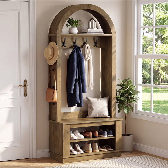 5-in-1 Hall Tree with Bench and Shoe Storage for Entryway - Arched Design, 12 Hooks