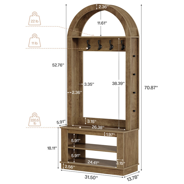 5-in-1 Hall Tree with Bench and Shoe Storage for Entryway - Arched Design, 12 Hooks