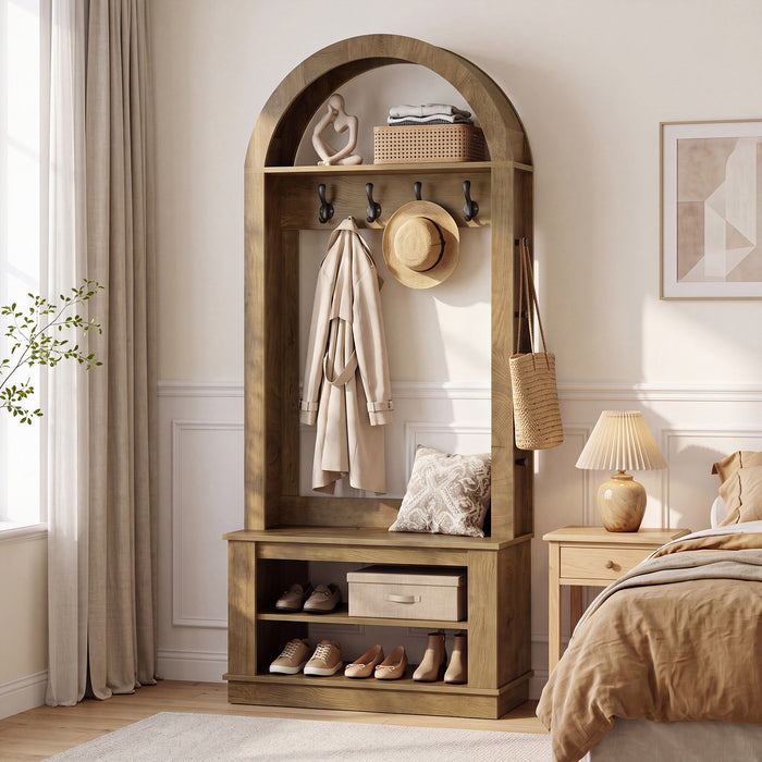 5-in-1 Hall Tree with Bench and Shoe Storage for Entryway - Arched Design, 12 Hooks