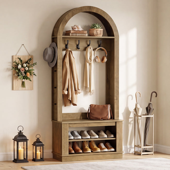 5-in-1 Hall Tree with Bench and Shoe Storage for Entryway - Arched Design, 12 Hooks