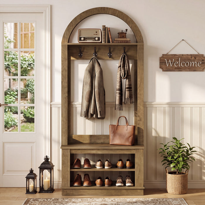 5-in-1 Hall Tree with Bench and Shoe Storage for Entryway - Arched Design, 12 Hooks