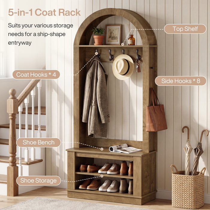 5-in-1 Hall Tree with Bench and Shoe Storage for Entryway - Arched Design, 12 Hooks