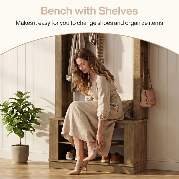 5-in-1 Hall Tree with Bench and Shoe Storage for Entryway - Arched Design, 12 Hooks
