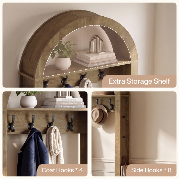 5-in-1 Hall Tree with Bench and Shoe Storage for Entryway - Arched Design, 12 Hooks