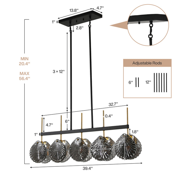 5-light Linear Chandelier, Modern Ceiling Lighting With Smoky Gray Glass Shades For Dining Room