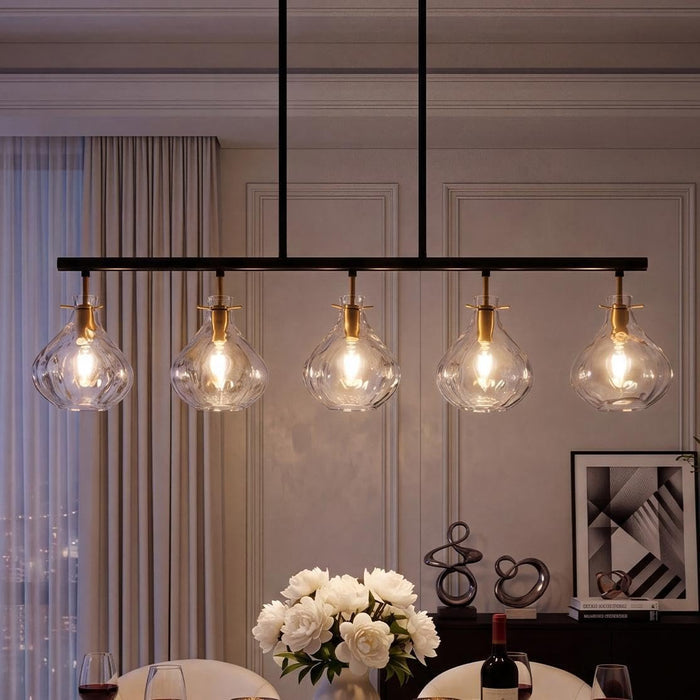 5 Light Pendant Light, Linear Chandelier with Ripple Glass Shades & Adjustable Height