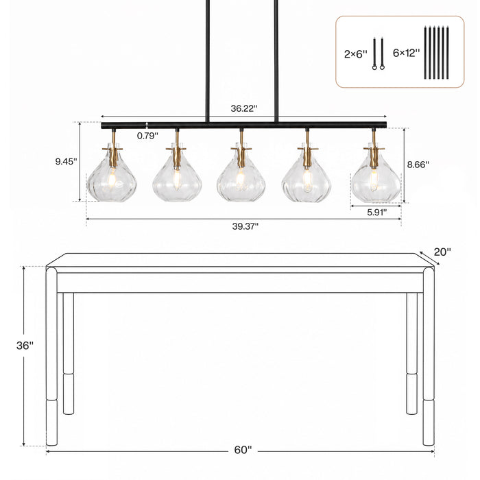 5 Light Pendant Light, Linear Chandelier with Ripple Glass Shades & Adjustable Height
