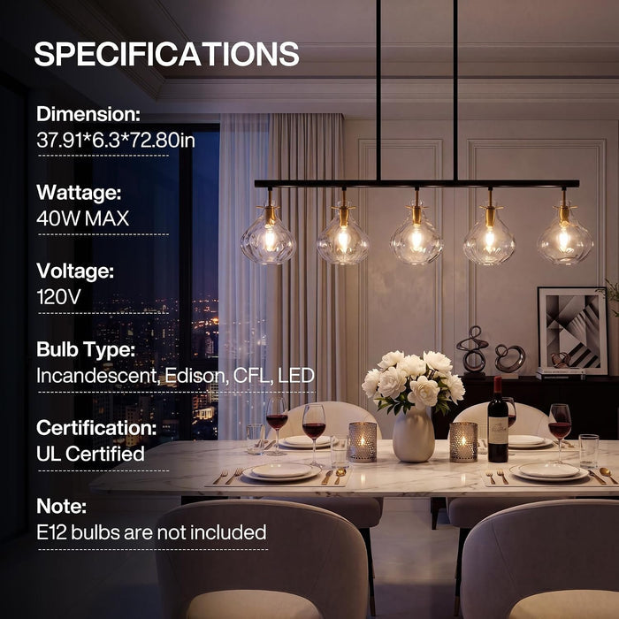 5 Light Pendant Light, Linear Chandelier with Ripple Glass Shades & Adjustable Height