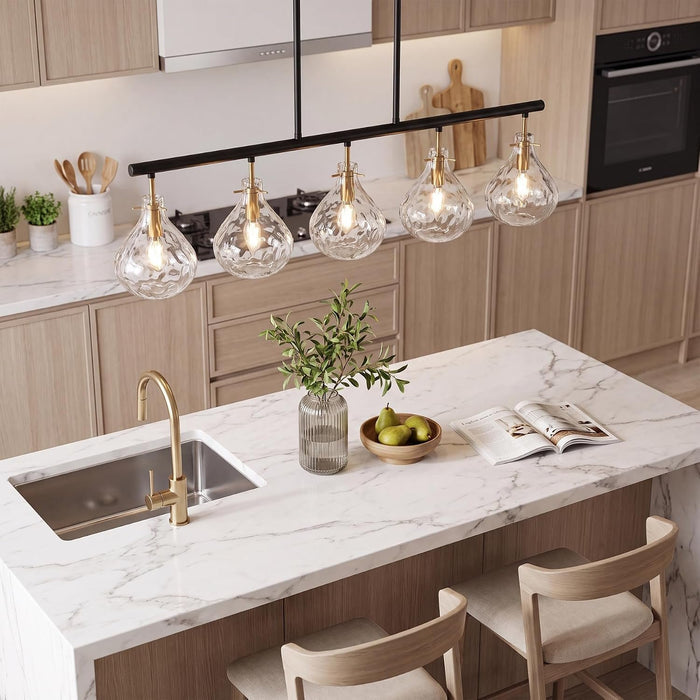 5 Light Pendant Light, Linear Chandelier with Ripple Glass Shades & Adjustable Height