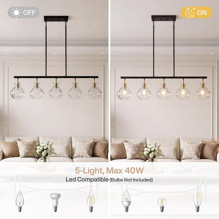 5 Light Pendant Light, Linear Chandelier with Ripple Glass Shades & Adjustable Height