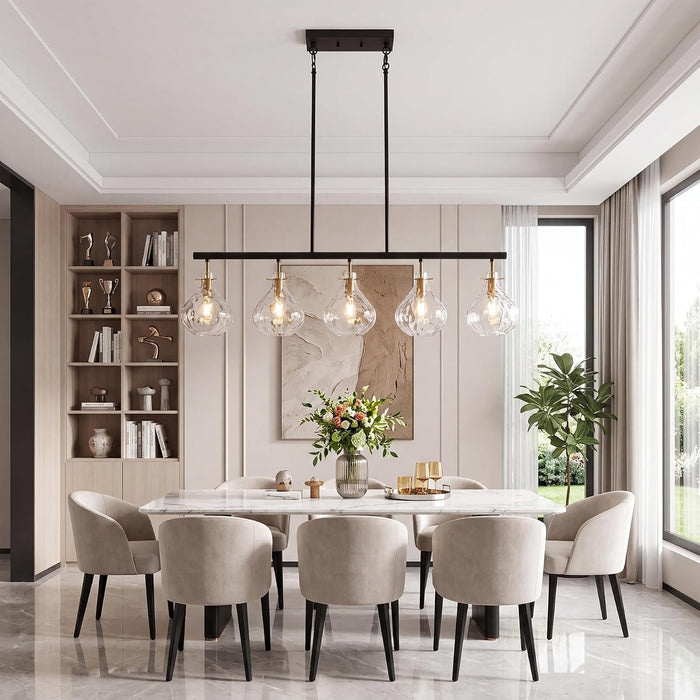 5 Light Pendant Light, Linear Chandelier with Ripple Glass Shades & Adjustable Height