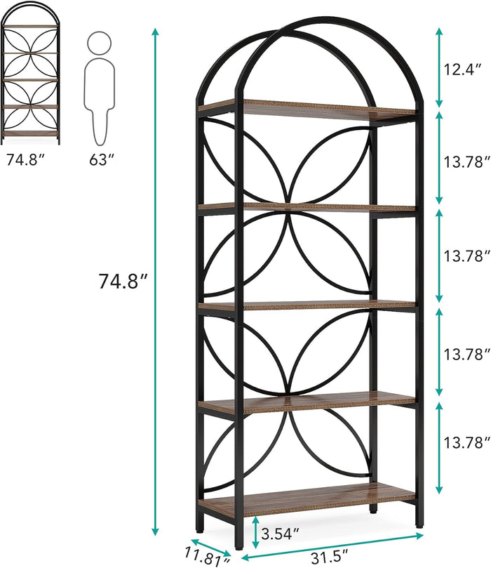 5 - Tier Bookshelf, 75" Tall Arched Bookcase Display Rack Tribesigns