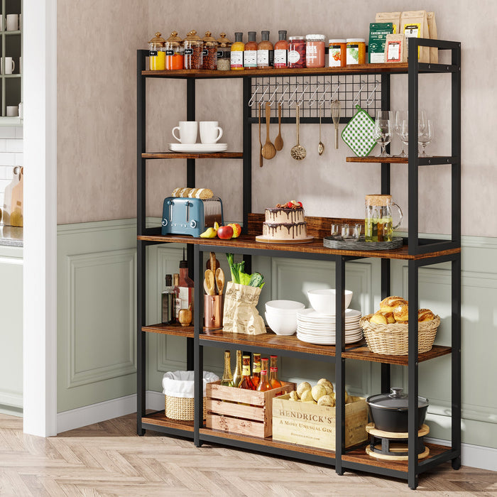 Tribesigns's 5-Tier Kitchen Baker's Rack, 55" Wide Kitchen Storage Shelf with 11 Hooks, side view.