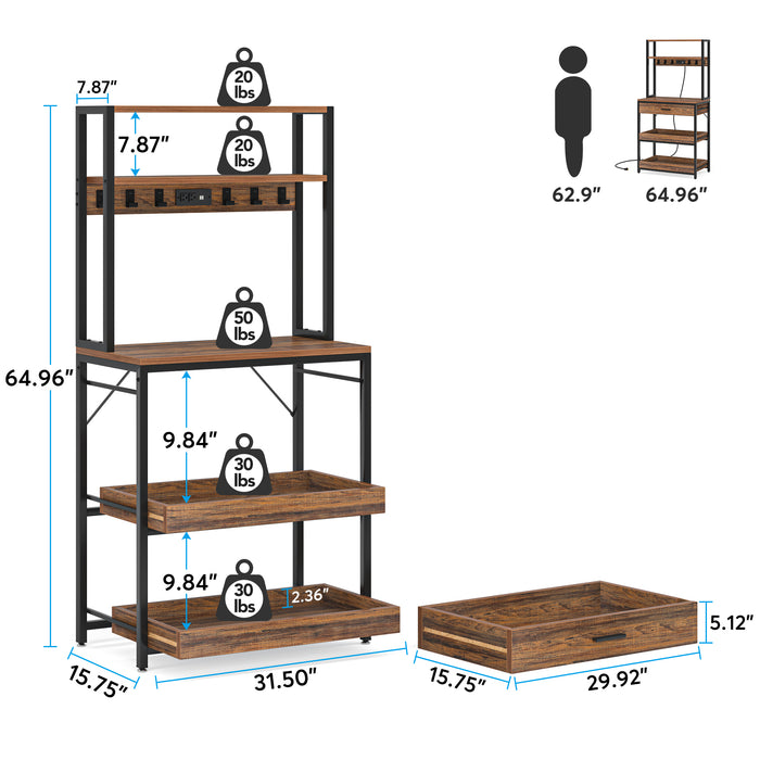 5-Tier Kitchen Baker's Rack with Power Outlets, Drawer & Sliding Shelves