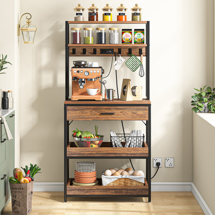 Tribesigns's Kitchen Baker's Rack with Power Outlets and Drawer, front view.