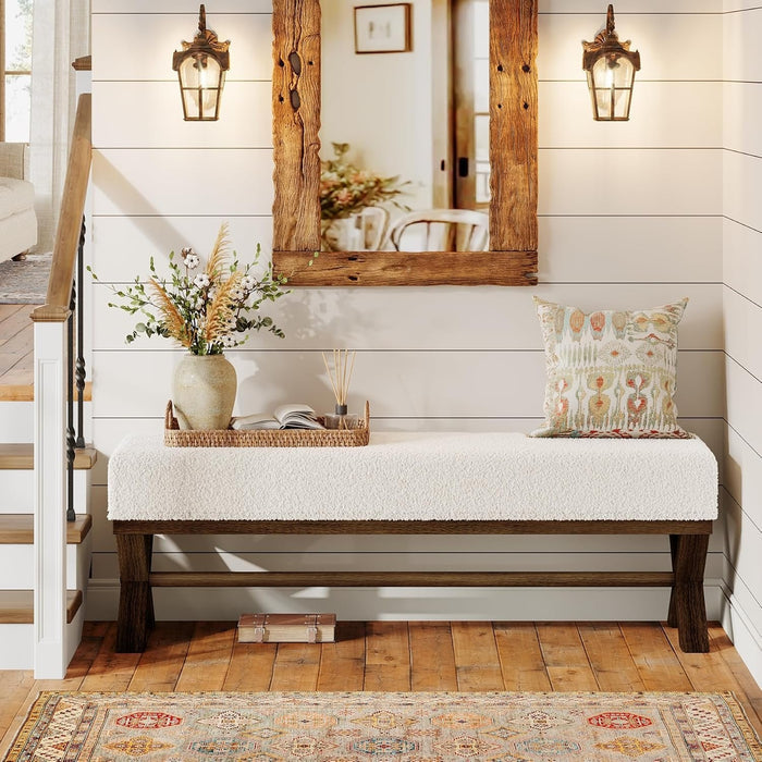 51" Upholstered Entryway Bench, Modern Solid Wood End of Bed Bench with Faux Shearling Padded Seat