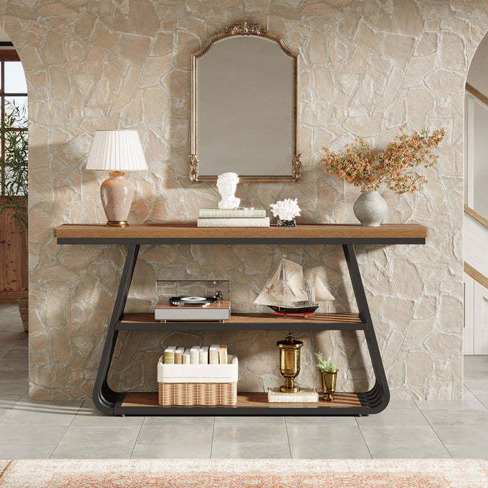 55" Console Table, 3-Tier Sofa Table With Iron Frame For Living Room