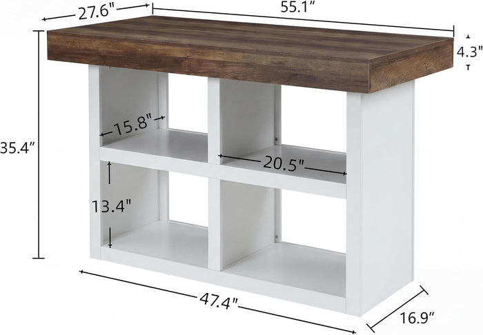55" Counter Height Bar Table, 4 Open Storage Cubbies, Island Bar Station, Kitchen