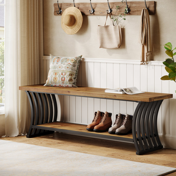 55" Entryway Bench, Wood End of Bed Shoe Bench with Shelf