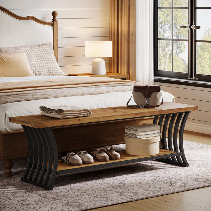 55" Entryway Bench, Wood End of Bed Shoe Bench with Shelf