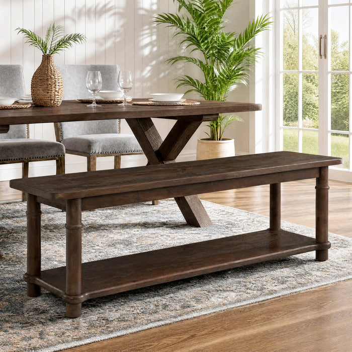 55" Farmhouse Dining Bench, Solid Wood 2-Tier, Kitchen Bench, Dining Room