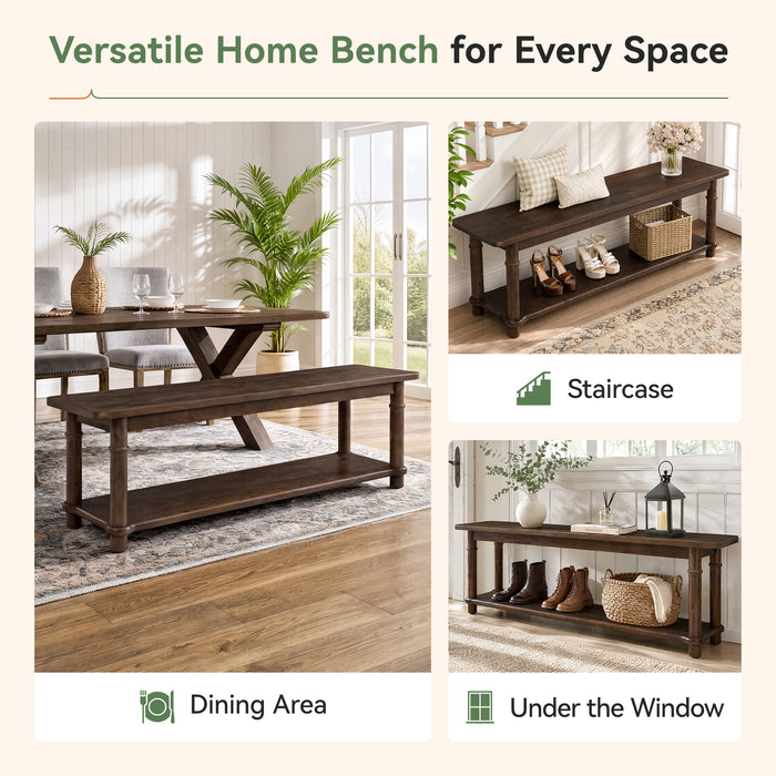 55" Farmhouse Dining Bench, Solid Wood 2-Tier, Kitchen Bench, Dining Room
