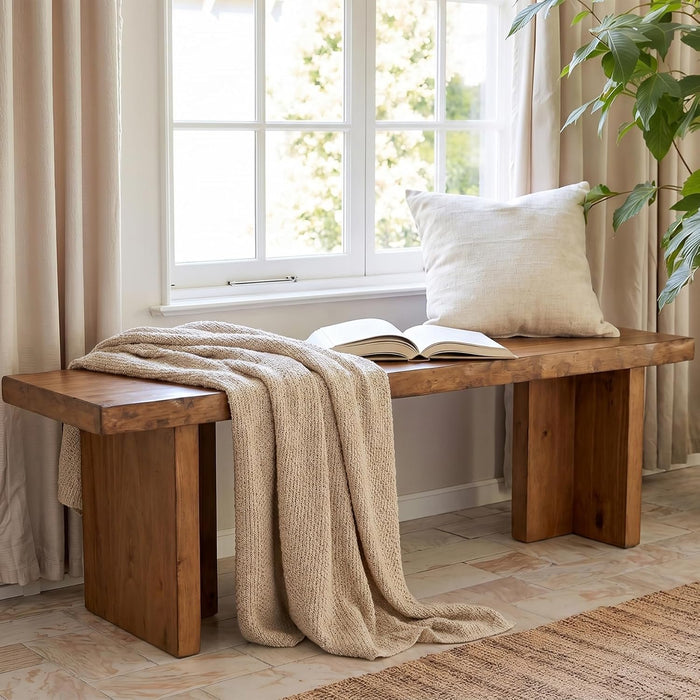 55" Farmhouse Entryway Bench, Solid Wood Shoe Bench End of Bed Bench for Bedroom