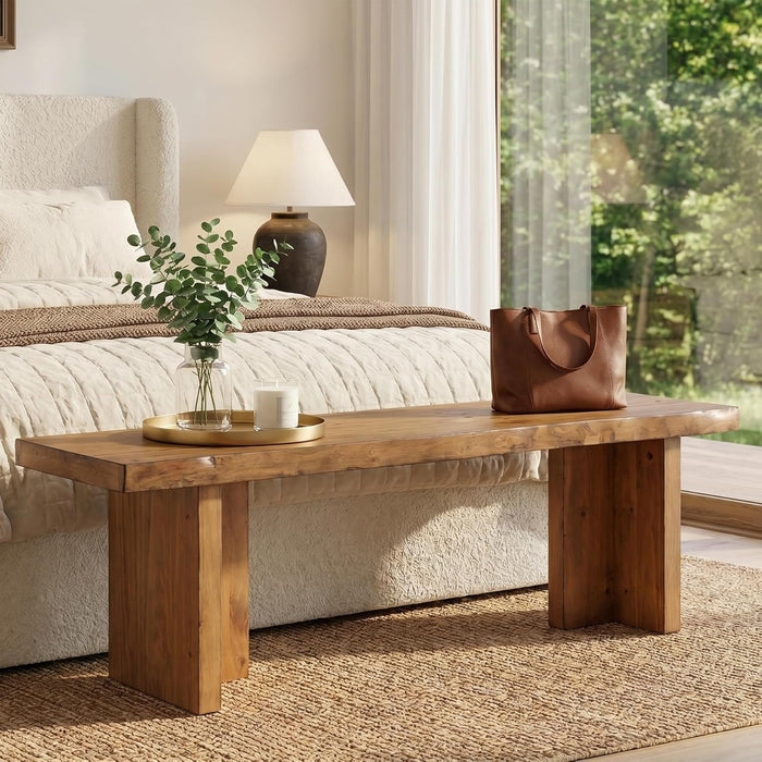 55" Farmhouse Entryway Bench, Solid Wood Shoe Bench End of Bed Bench for Bedroom