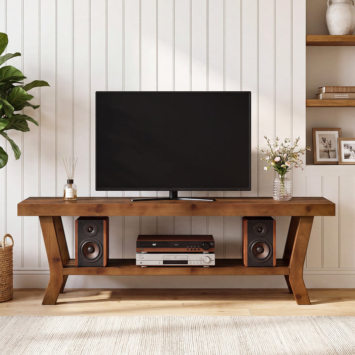 55-Inch Solid Wood TV Stand with Storage Shelf, Low-Profile Console for Living Room