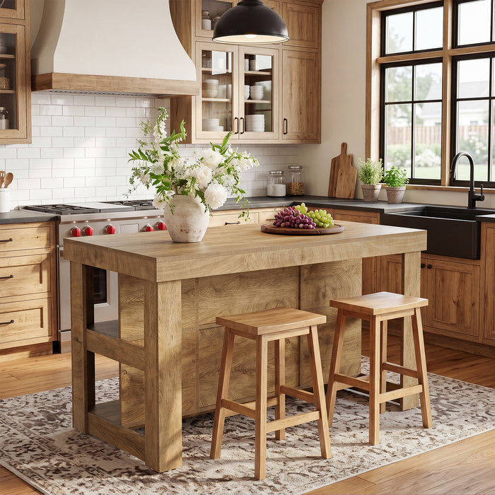 55" Kitchen Island, Farmhouse 3-Tier Stationary Island Table with 6 Storage Cubbies