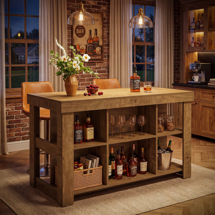 55" Kitchen Island, Farmhouse 3-Tier Stationary Island Table with 6 Storage Cubbies