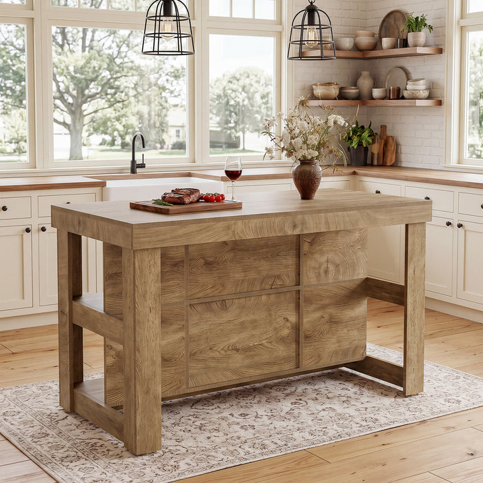 55" Kitchen Island, Farmhouse 3-Tier Stationary Island Table with 6 Storage Cubbies