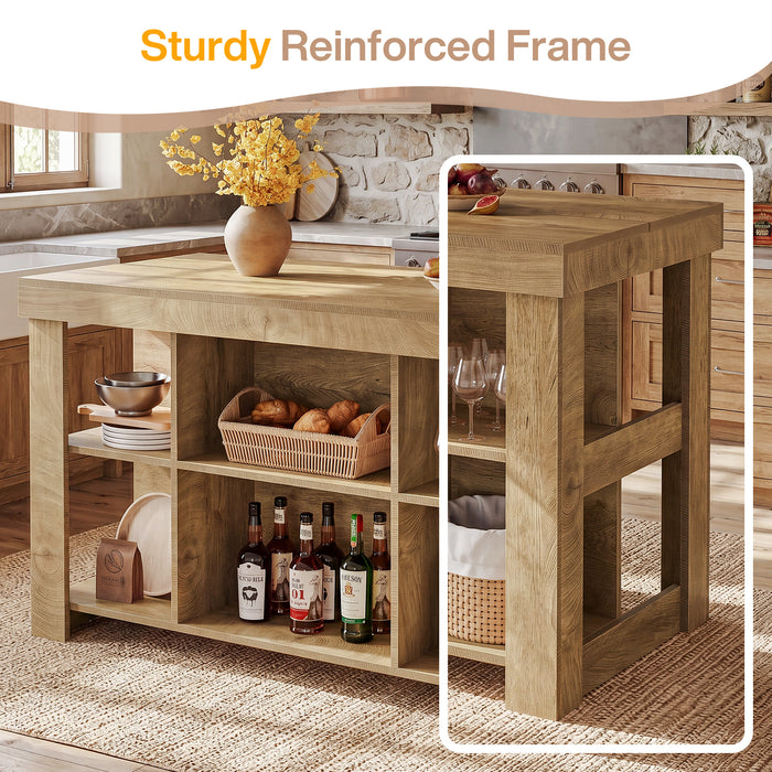 55" Kitchen Island, Farmhouse 3-Tier Stationary Island Table with 6 Storage Cubbies