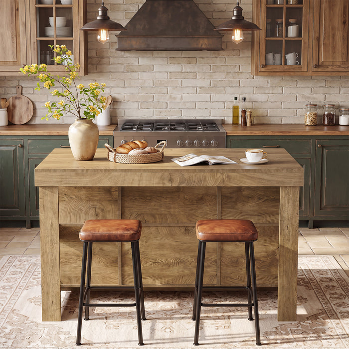 55" Kitchen Island, Farmhouse 3-Tier Stationary Island Table with 6 Storage Cubbies