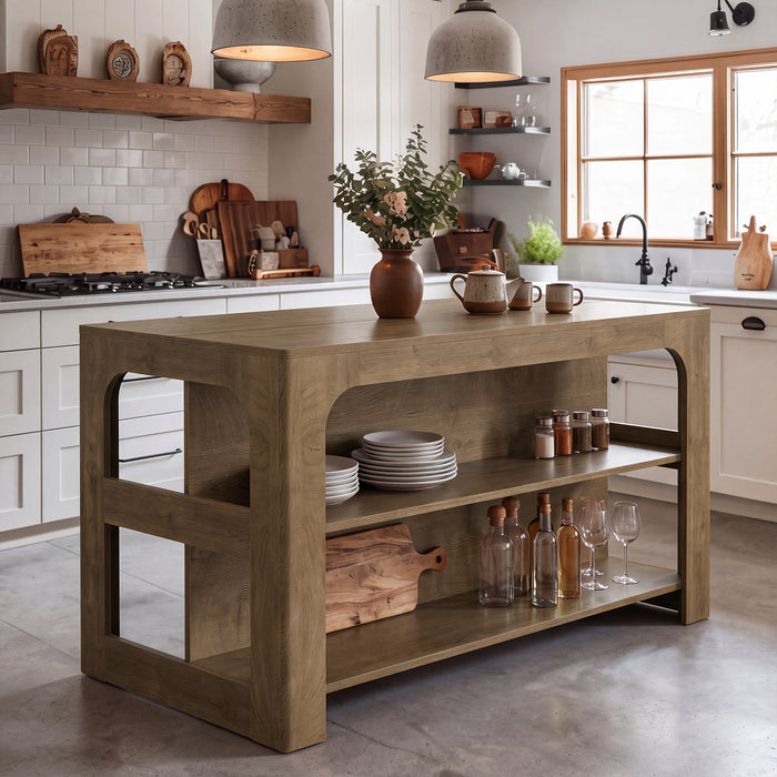 55" Kitchen Island with 3-Tier Storage, Farmhouse Stationary Island Table for Kitchen
