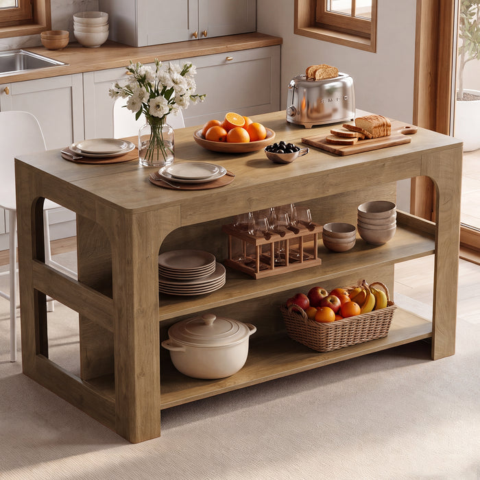 55" Kitchen Island with 3-Tier Storage, Farmhouse Stationary Island Table for Kitchen
