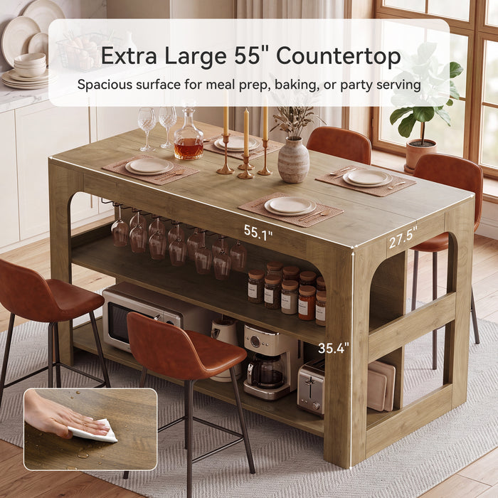 55" Kitchen Island with 3-Tier Storage, Farmhouse Stationary Island Table for Kitchen