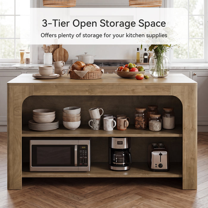 55" Kitchen Island with 3-Tier Storage, Farmhouse Stationary Island Table for Kitchen
