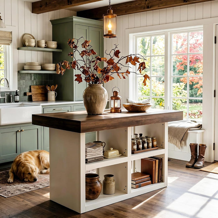 55" Kitchen Island with 4 Open Shelves, Stationary Wooden Storage Center Island Table