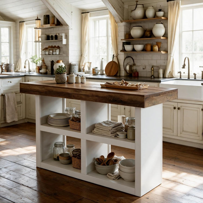 55" Kitchen Island with 4 Open Shelves, Stationary Wooden Storage Center Island Table
