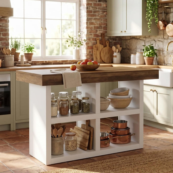 55" Kitchen Island with 4 Open Shelves, Stationary Wooden Storage Center Island Table