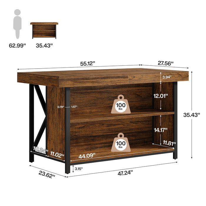55" Kitchen Island with Storage, 3-Tier Stationary Island Table with Metal Frame