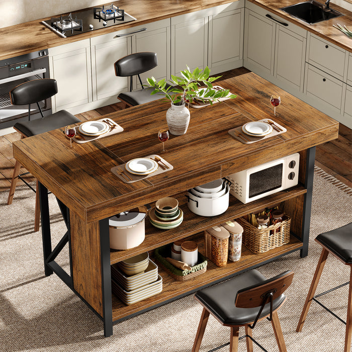 55" Kitchen Island with Storage, 3-Tier Stationary Island Table with Metal Frame