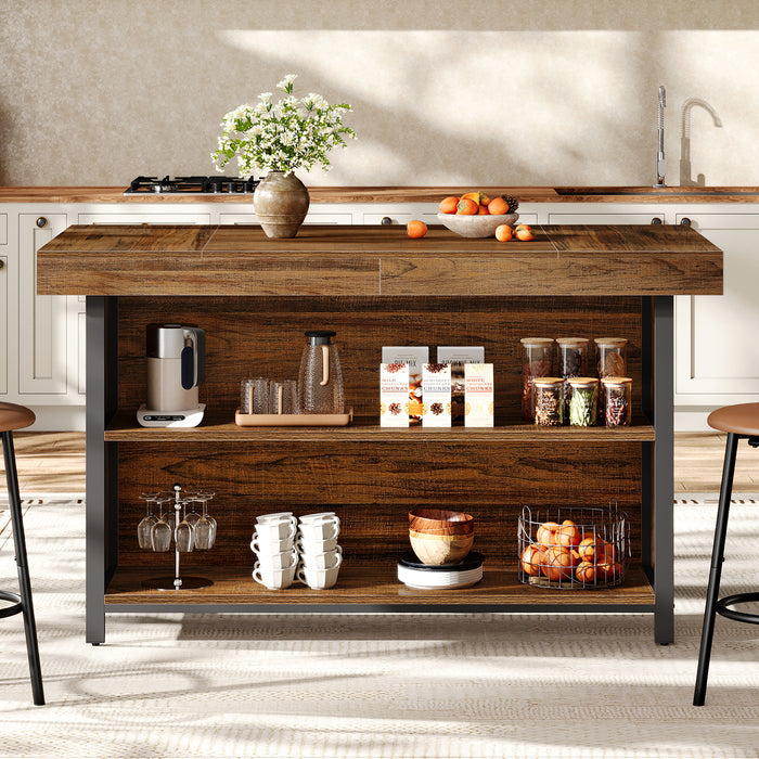 55" Kitchen Island with Storage, 3-Tier Stationary Island Table with Metal Frame