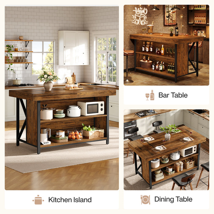 55" Kitchen Island with Storage, 3-Tier Stationary Island Table with Metal Frame