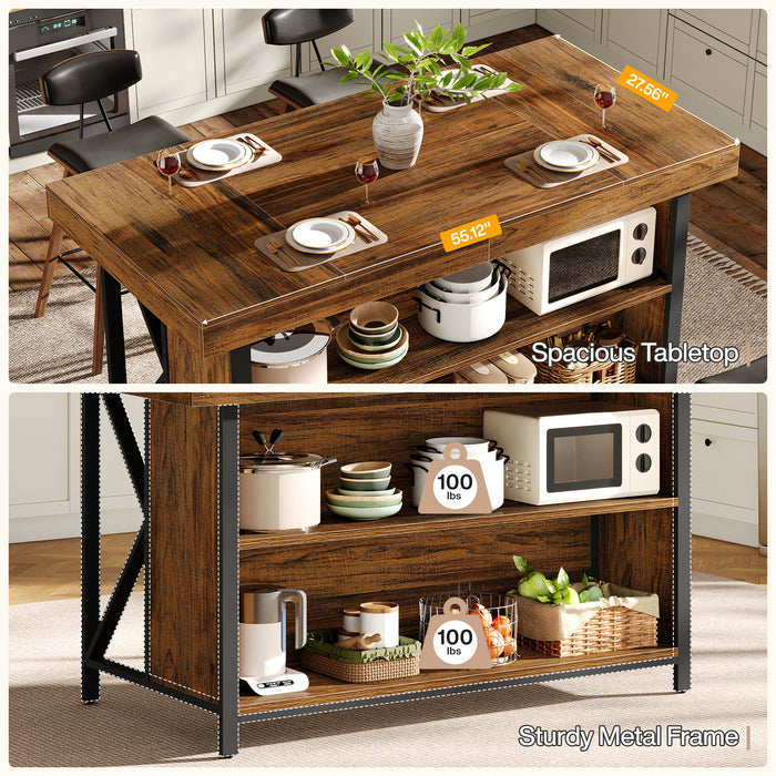 55" Kitchen Island with Storage, 3-Tier Stationary Island Table with Metal Frame