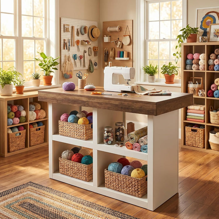 55" Sewing Cabinet Table, 4 Open Compartments, Counter Height Art Craft Storage Desk
